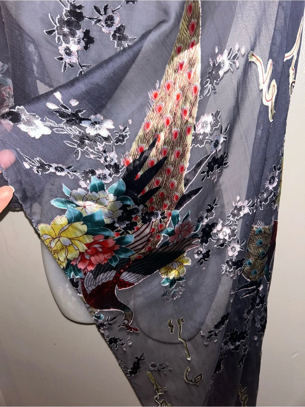 Asian Inspired Silk Scarf - sheer black w/all over print